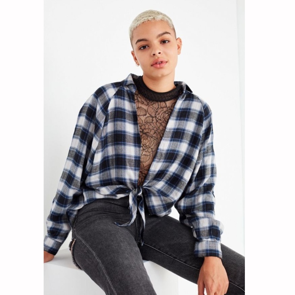 Urban Outfitters Flannel Blue V Neck High Low Crop